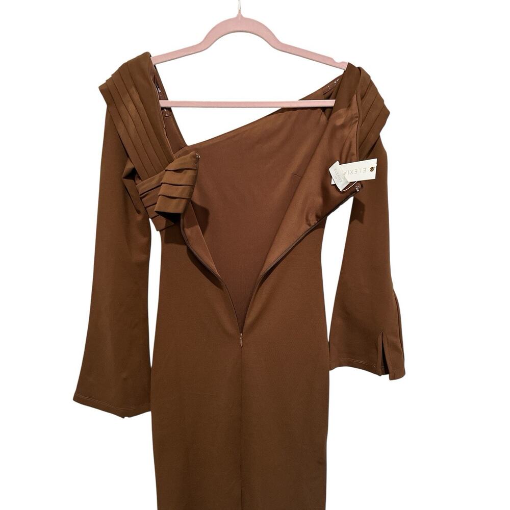 Elexiay Enugu Midi Dress off-the-shoulder brown draped cowl neck Size M - Picture 7 of 7